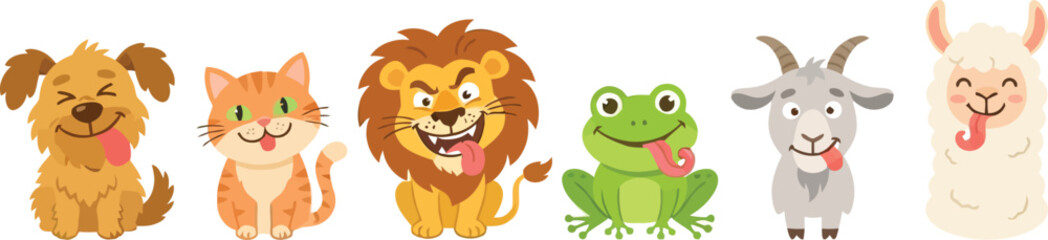 Fototapeta premium A collection of cute cartoon animals including a dog cat lion frog goat and llama.