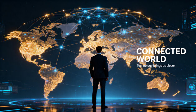 Businessman standing before a massive glowing digital network linking cities worldwide, combining futuristic technology with an optimistic corporate atmosphere and integrated connected world typograph