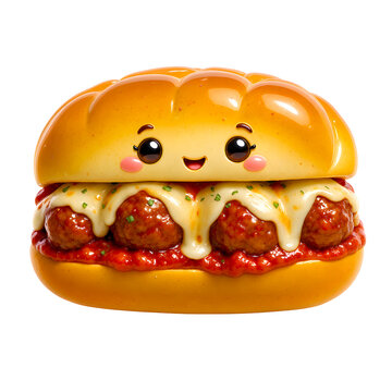 Cute 3d cartoon meatball sub sandwich with a happy smiling face isolated on transparent background