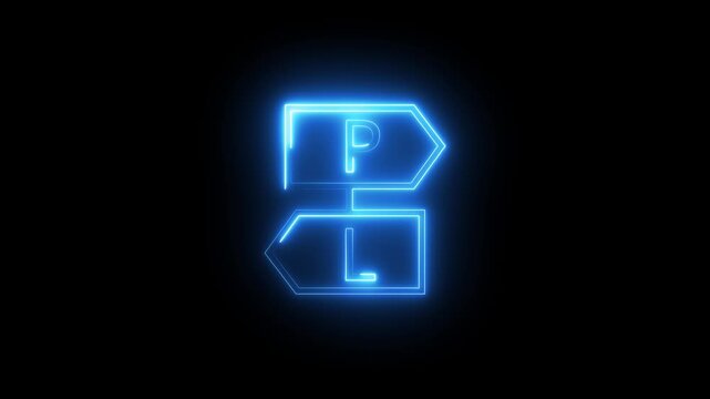 Neon blue signage displaying letters p and l with glowing light effects on black background