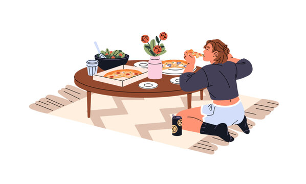 Teen girl sits on the floor at the coffee table and bites piece of Italian pizza. Young woman eats fast food with can of energy drink at home. Flat isolated vector illustration on white background