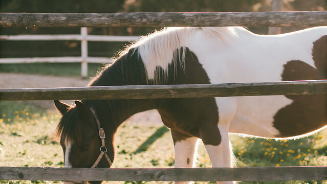 Pinto horse grazing in a wooden fenced paddock during golden hour
