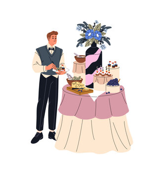 Man in elegant suit takes food at the buffet at party. Person with plate of canapes and fruit from banquet table at event or celebration. Flat isolated vector illustration on white background