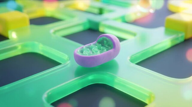 ミトコンドリアのトイアイコンと細胞内代謝ネットワークの3DCG背景