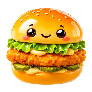 Cute 3d cartoon chicken burger with a happy smiling face isolated on transparent background