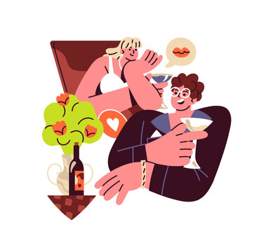 Concept of dating app. Happy couple flirts online with phone. Man and woman talk in the internet. People search for love in the social networks. Flat isolated vector illustration on white background