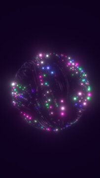Abstract spherical network filled with colorful glowing particles and curved light trails on a dark purple background.