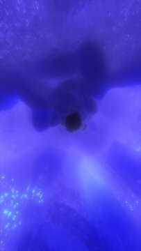 Deep blue clouds and particles converge into a dark central vortex, creating an immersive abstract tunnel with cosmic energy and mysterious depth.