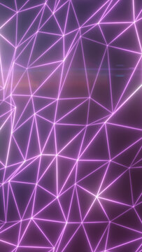 Glowing purple polygon lines form an abstract wireframe mesh, creating a futuristic digital network background with geometric depth.