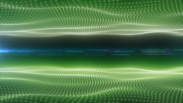Abstract green digital particle wave with glowing dotted grids, dark central horizon, and futuristic light streaks.