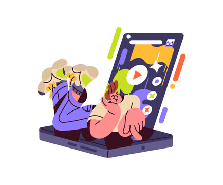 Happy boy is watching funny videos on mobile phone. Person scrolls new feed in social networks on smartphone. Concept of doomscrolling and media addiction. Flat isolated vector illustration on white