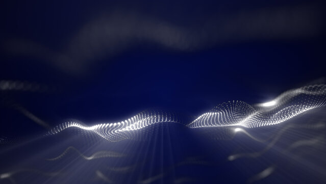 Abstract white digital particle wave on dark blue background, representing technology, data, light, and futuristic motion.