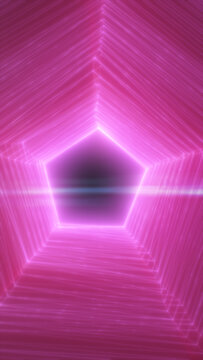 Abstract pink neon pentagon tunnel with layered glowing lines and a central portal, creating a futuristic geometric background.