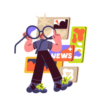 Scared person scrolls news feed in social networks. Shocked boy with glasses reads online posts. Concept of doomscrolling and surfing internet. Flat isolated vector illustration on white background