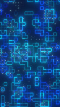 Neon blue geometric squares and pixel grids scattered across a dark background, forming a futuristic digital technology pattern.