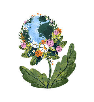 Earth globe like a blooming flower. Blossom planet with leaves. Concepts of saving nature, caring about ecology and environment protection. Flat isolated vector illustration on white background