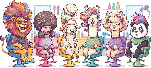 Fototapeta premium A whimsical illustration of various animals sitting in salon chairs getting their hair styled.
