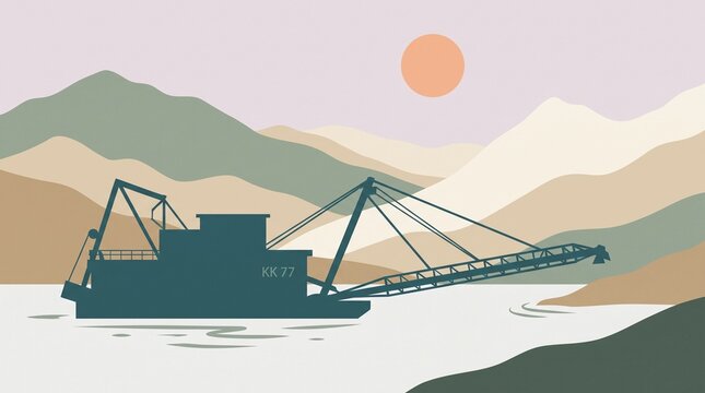 Giant Dragline Excavator in Flat Landscape Vector Illustration