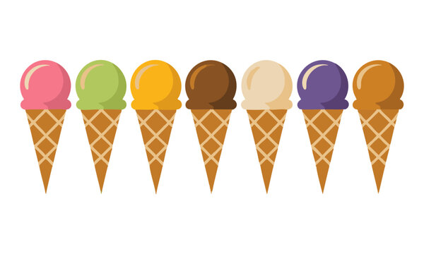 Assorted Ice Cream Flavors In Waffle Cones.