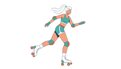 Fototapeta premium Athletic young woman roller skating gracefully in blue sportswear with protective safety pads on a white background.