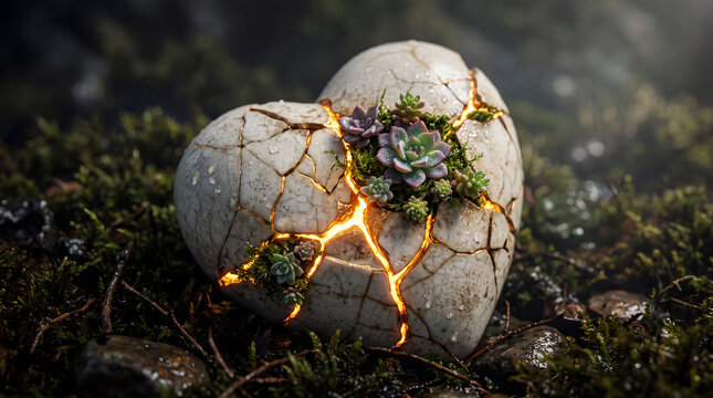 Cracked heart sculpture glowing with warm light and growing tiny green plants