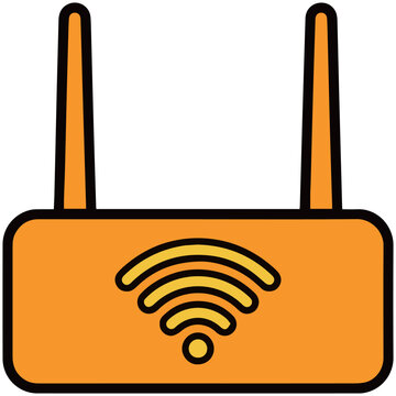 Orange Wi-Fi router with antennas and wireless signal icon. Internet network device illustration.
