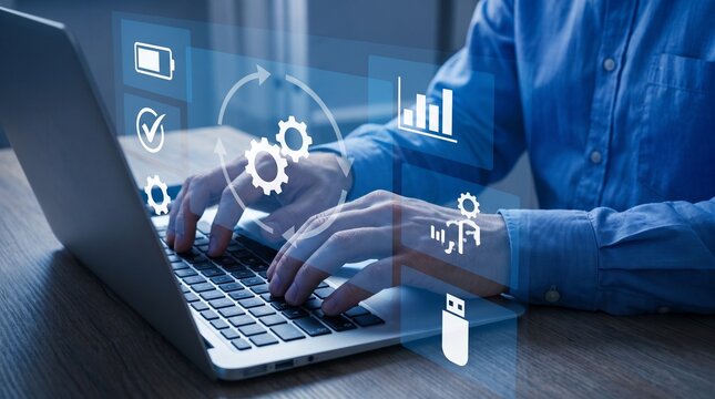 Person typing on a laptop keyboard with digital automation icons overlaid on the screen with represent automation technology keyboard while person types communication innovation