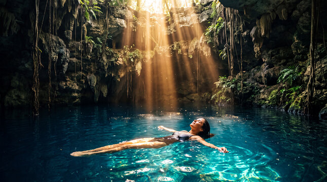 Woman floating in clear water inside natural cenote cave with sunbeams