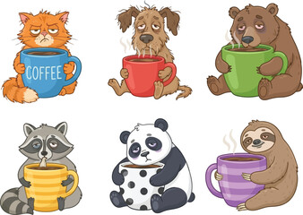 Fototapeta premium A collection of six tired animals holding mugs of coffee or tea.