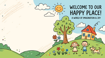 Naklejka premium Naive art style banner featuring happy children and a dog in a sunny landscape with copy space