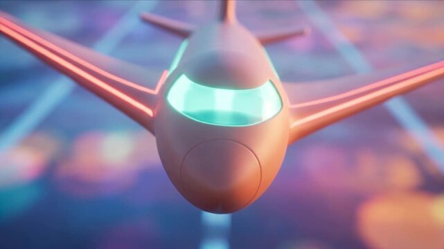未来的な旅客機が誘導レール沿いに滑走路から離陸する3DCG背景