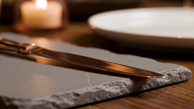 Close-up of a table setting featuring a metallic knife on a slate placemat with a lit candle and plate in the background.