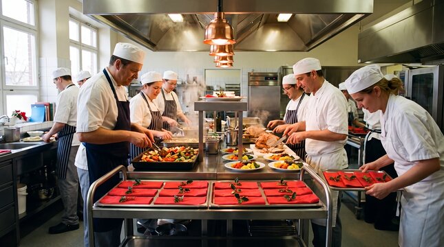 Hospital kitchen chefs meals catering healthcare teamwork food service staff. Team of chefs prepares festive meals in a busy professional hospital kitchen for commercial advertising holiday food