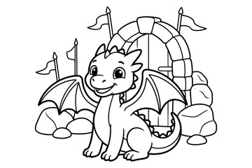 Fototapeta premium Cute baby dragon sitting in front of a stone castle gate for a fun coloring page design