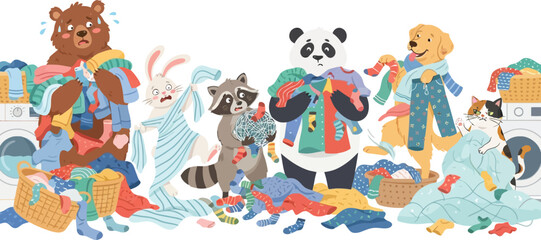 Fototapeta premium A group of cute anthropomorphic animals happily doing laundry together in a bright room.