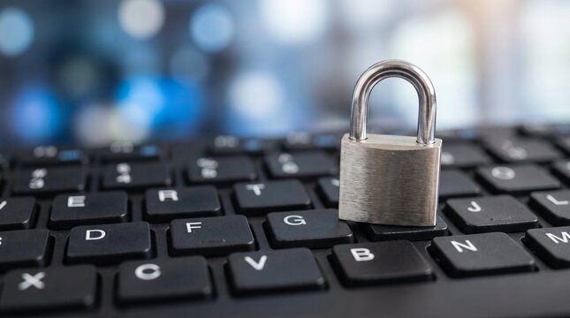 Metal padlock resting on a black computer keyboard representing digital security with keyboard office setting padlock sits top silver metal infrastructure authentication safety
