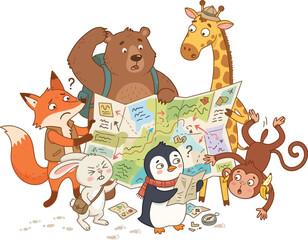Naklejka premium A group of diverse cartoon animals looking at a map together.