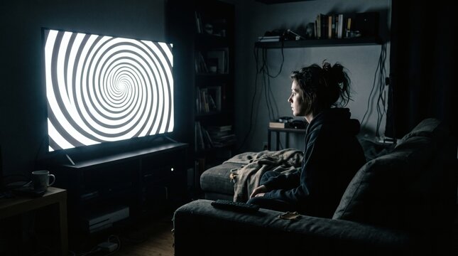 Woman hypnotized by swirling pattern on television screen in dark room.