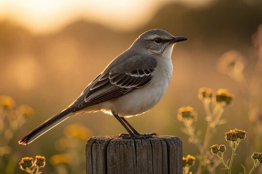 Gray mockingbird perches on wooden post at sunrise. Wild bird with patterned wings and long tail stands in meadow grass. Warm golden hour light.