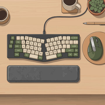 Top-down illustration of an ergonomic split keyboard setup on a wooden office desk with a coffee mug, computer mouse, and a potted plant in a cozy workspace environment