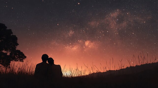 Couple Sitting On Hill Watching Starry Night Sky &ndash; Romantic Milky Way Silhouette Concept With Sunset Horizon