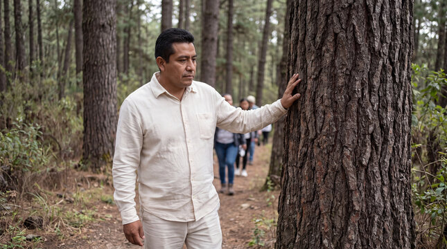 Mature man pausing to touch a tree trunk while walking through a quiet forest