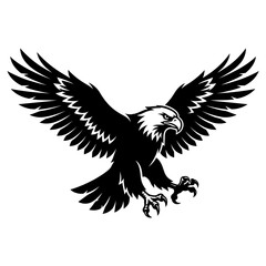 Fototapeta premium Black and white eagle silhouette illustration with wings spread wide, perfect for animal emblems and sports team logos