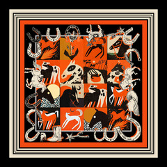 Fototapeta premium Bold square shape scarf pattern western bandana print featuring abstract horses, cowboy boots, and horseshoes.