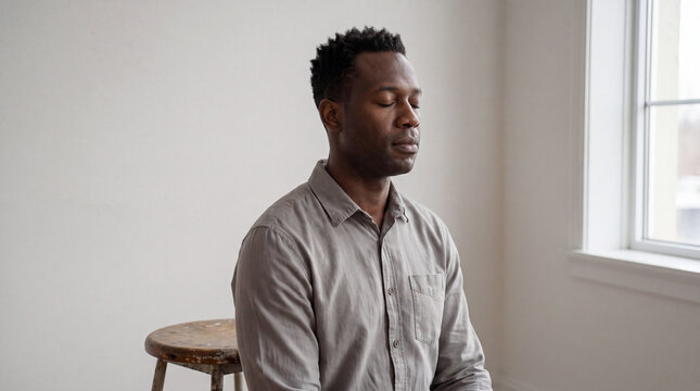 Man closing his eyes in quiet reflection beside a sunlit window at home