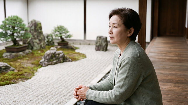 Elderly woman sitting quietly beside a raked sand garden with bonsai trees