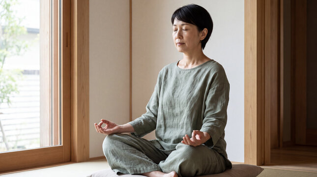 Woman meditating cross-legged in a sunlit minimalist interior, eyes closed in stillness
