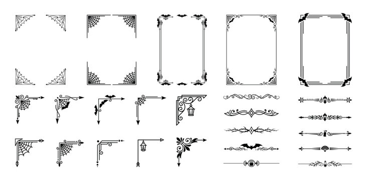 Halloween vintage frames and spooky spider web corner borders vector set.