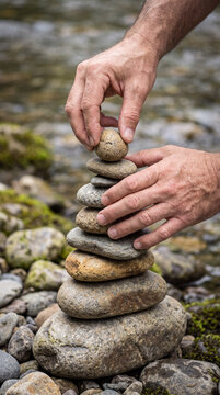 Close-up of hands carefully balancing river stones into a cairn by flowing water