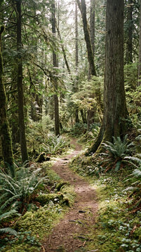 Quiet forest path winding through ferns beneath tall moody trees and dappled light